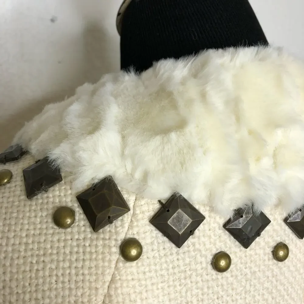 Rebecca Taylor cream tweed fur studded collar wool blend blazer size 6